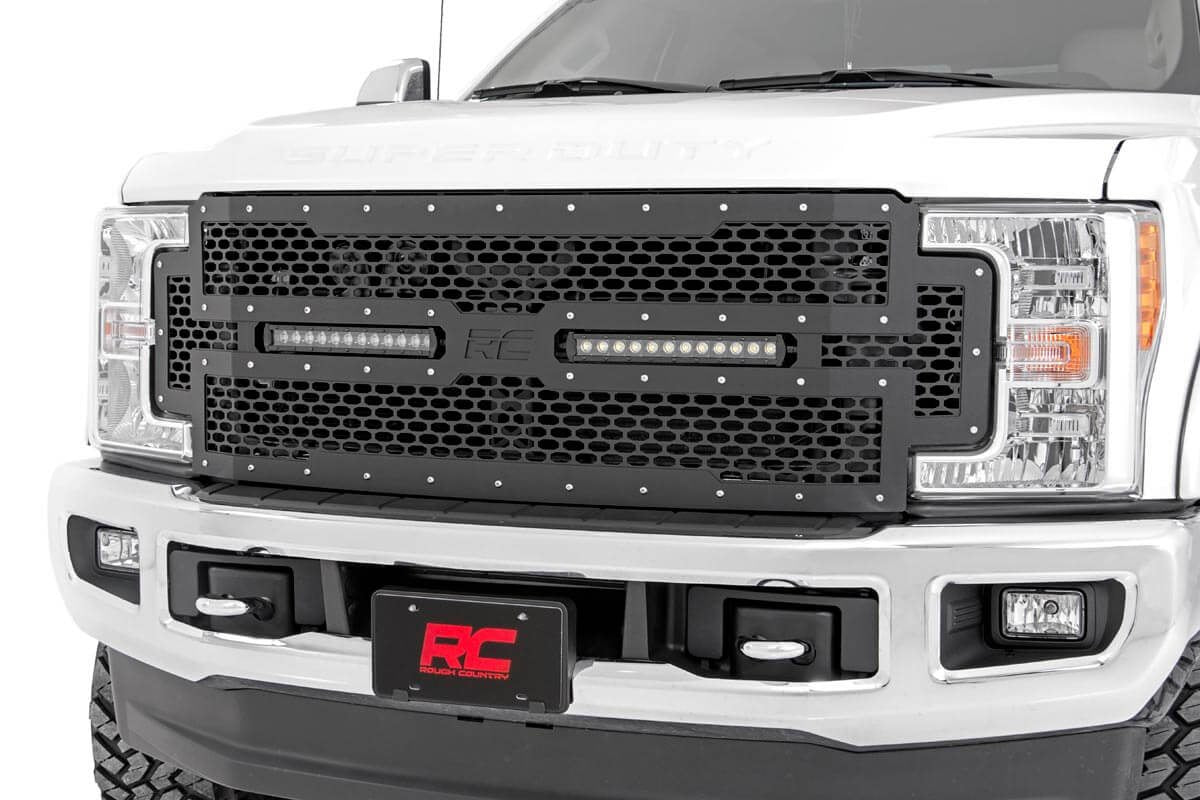 1x 70214 2x 70712BL Mesh Grille 12 Dual Row LED Black Ford Super Duty (17-19)