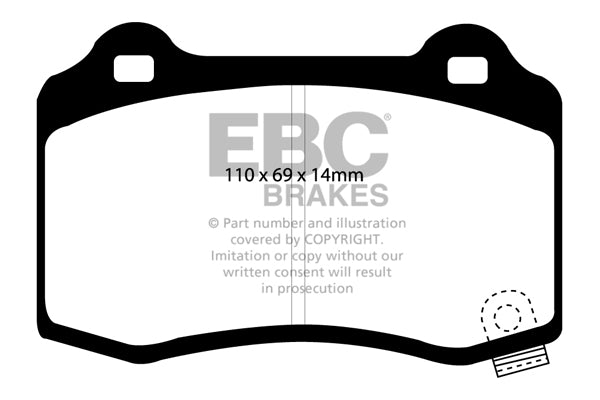 ~(3.6 lbs. 2X2X2)~ EBC YELLOWSTUFF PERFORMANCE PADS EBC Brakes Performance brake pads made for cars trucks and SUVs. Extreamly high friction coefficient and temperature range enhances braking substantially over OEM pads. Spirited street pads that are also