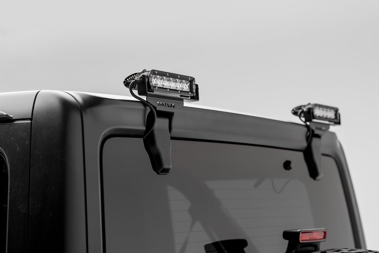 ~(7 lbs. 27X10X6)~ Rear Window Hinges Bracket Kit Includes (2) 6IN Single Row Slim Line LED Lights Bolt On No Cut No Drill Installation Black Powder Coated Inlcudes Universal Wire Harness For Illumination Of Rear Of Your Jeep