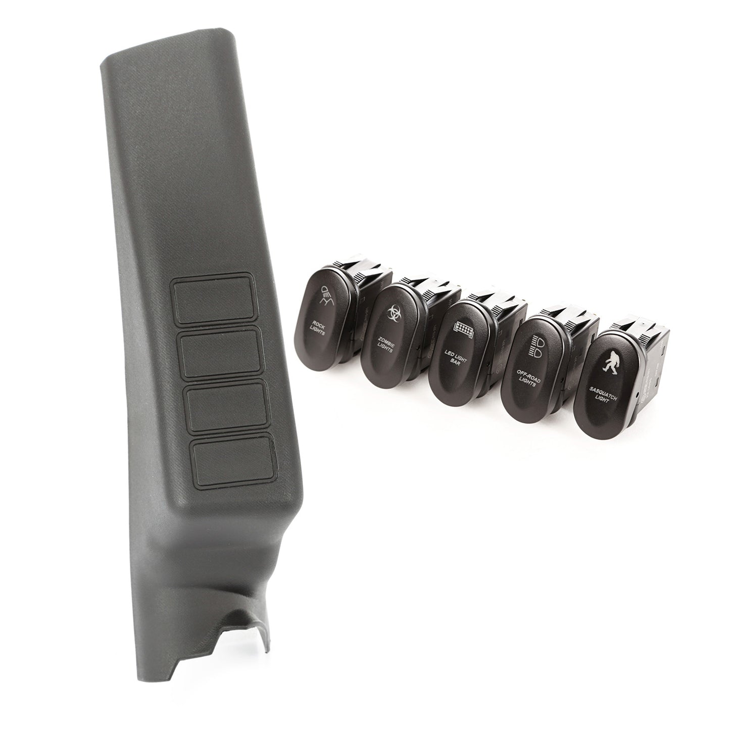 ~(1.2 lbs. 13X9X4)~ Switch Pod Kit A-Pillar 4 Etched Switches LHD 11-18 Wrangler JK