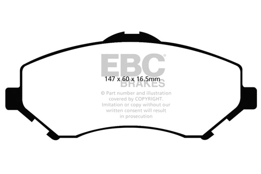 ~(4 lbs. 3X3X3)~ EBC YELLOWSTUFF PERFORMANCE PADS EBC Brakes Performance brake pads made for cars trucks and SUVs. Extreamly high friction coefficient and temperature range enhances braking substantially over OEM pads. Spirited street pads that are also t