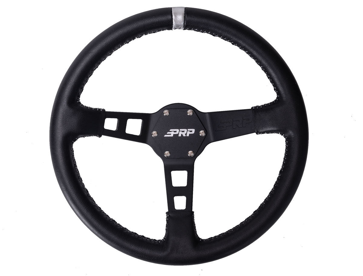 ***Discontinued***~(4 lbs. 15X14X3)~ Deep Dish Leather Steering Wheel Silver PRP Seats