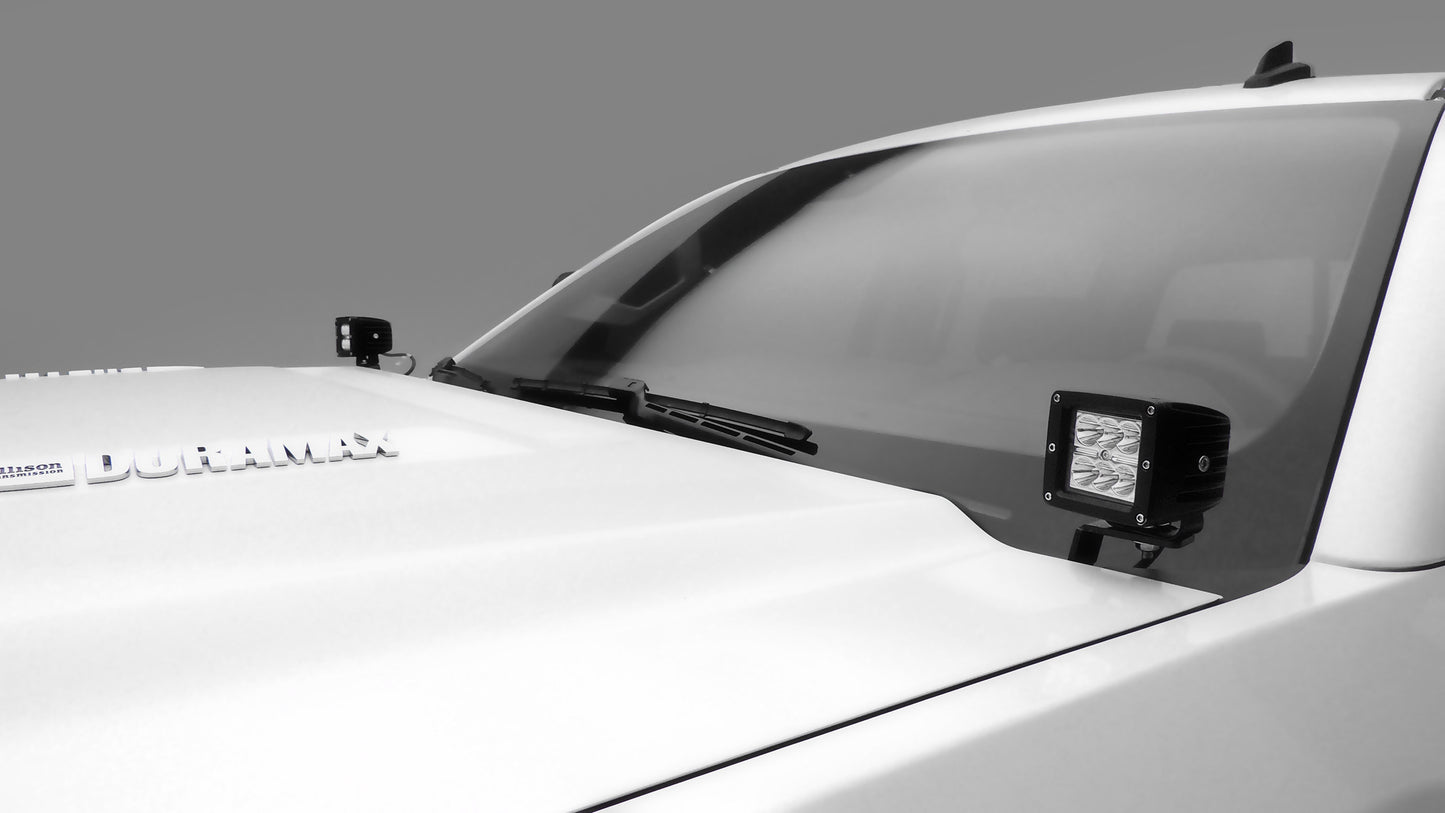 ~(6 lbs. 12X7X7)~ 2015-2017 CHEVROLET SILVERADO 2500/3500: Hood Hinges LED Light Bar Mounts - By A Pillar - for mounting Two 3 IN Zroadz Cube Pod Work Lights or Similar Style Light - Bolts On to Hood Hinges - Easy Install
