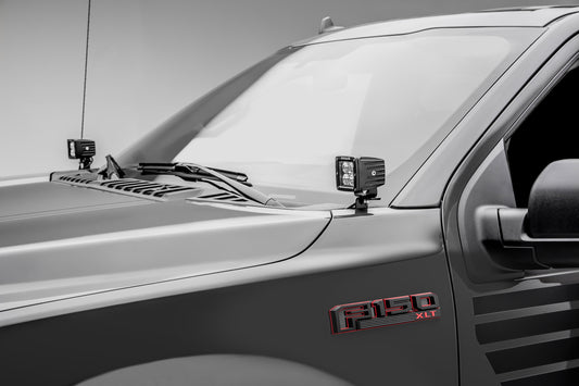 ~(6 lbs. 14X9X8)~ 2018 FORD F150: Hood Hinges LED Light Bar Mounts - By A Pillar - for mounting Two 3 IN Zroadz Cube Pod Work Lights or Similar Style Light - Bolts On to Hood Hinges - Easy Install